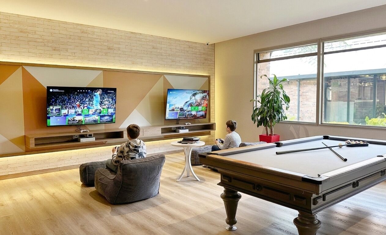 A modern living room with a pool table, two sofas, a coffee table, and two flat-screen TVs mounted on a brick wall.