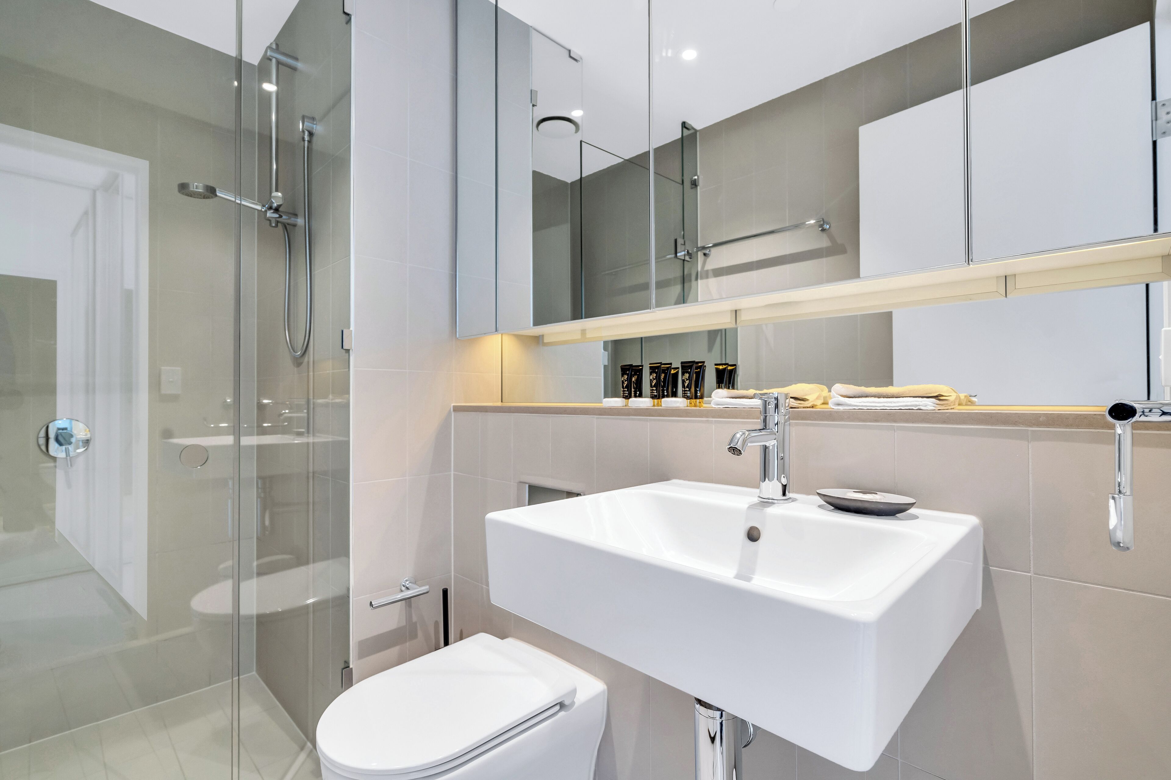A modern bathroom with a glass shower enclosure, a white sink, and a toilet.
