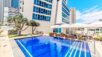 Indoor pool, outdoor pool, pool umbrellas, sun loungers