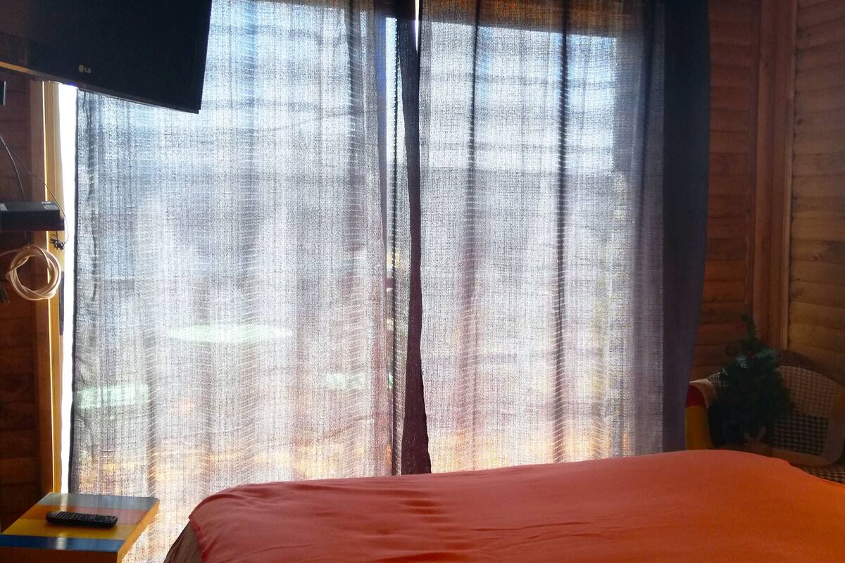 Una habitación de cabaña de madera con cama, cortinas, televisor y una mesita.