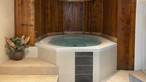 A hot tub in a wooden cabin with a tiled floor and a potted plant beside it. - The 2 Alpes / Venosc, 10 pers. NEW with steam room, sauna, jacuzzi. (les deux alpes)