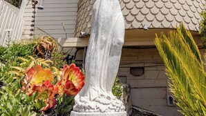 Une maison au design extérieur original, évoquant des écailles de poisson, avec une statue devant et un jardin bien entretenu.