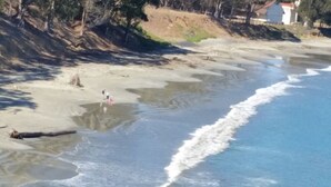 Une plage où une personne se promène le long du rivage, une plage de sable et des vagues qui déferlent sur le sable.