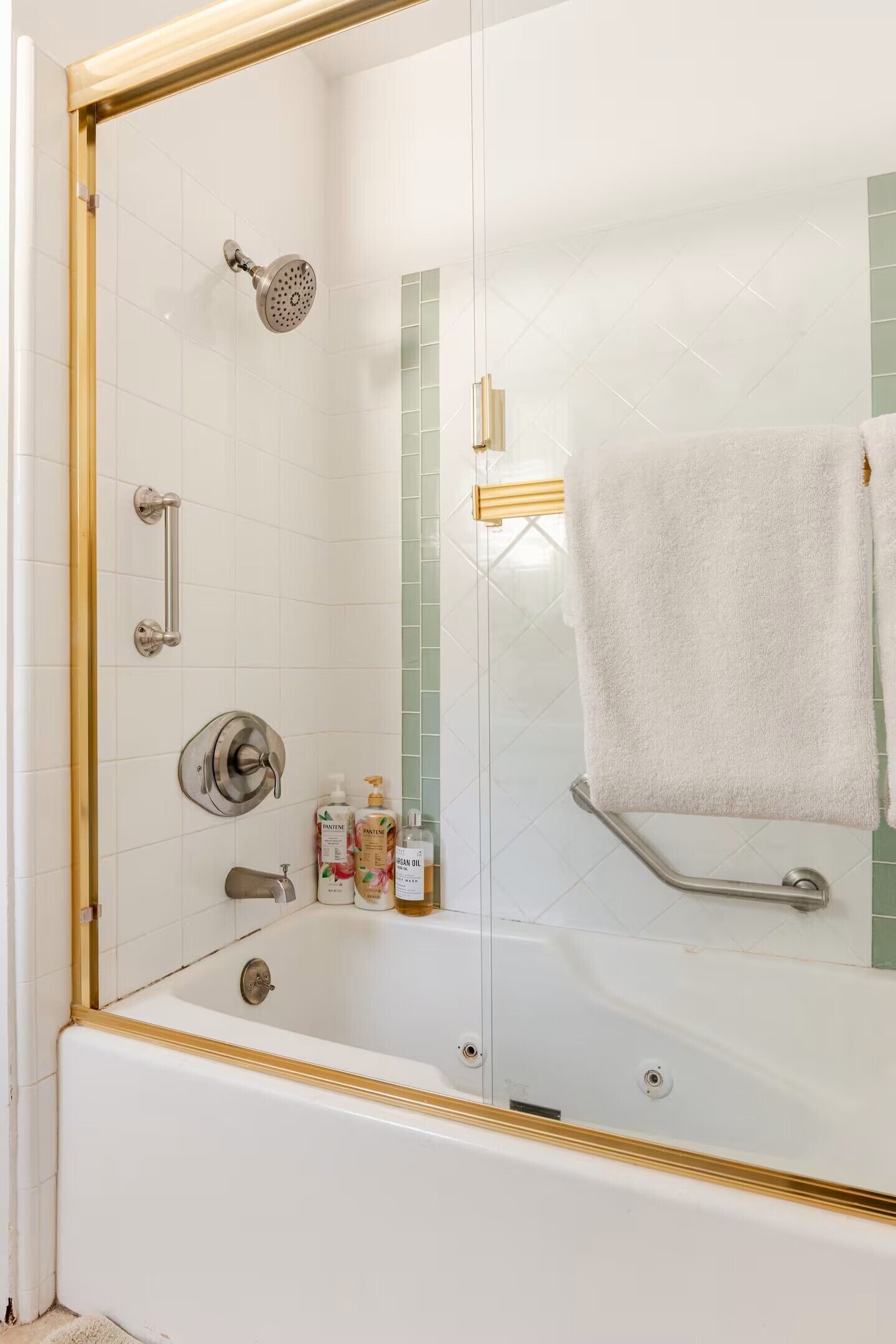 A walk-in shower with a glass door, a handheld showerhead, a towel rack, and a bottle of shampoo.