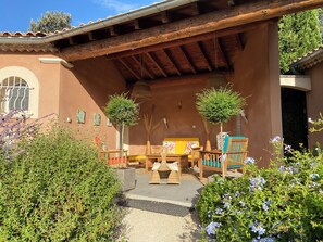 Un espace extérieur aménagé avec des meubles en bois et deux arbres, et protégé par un auvent.