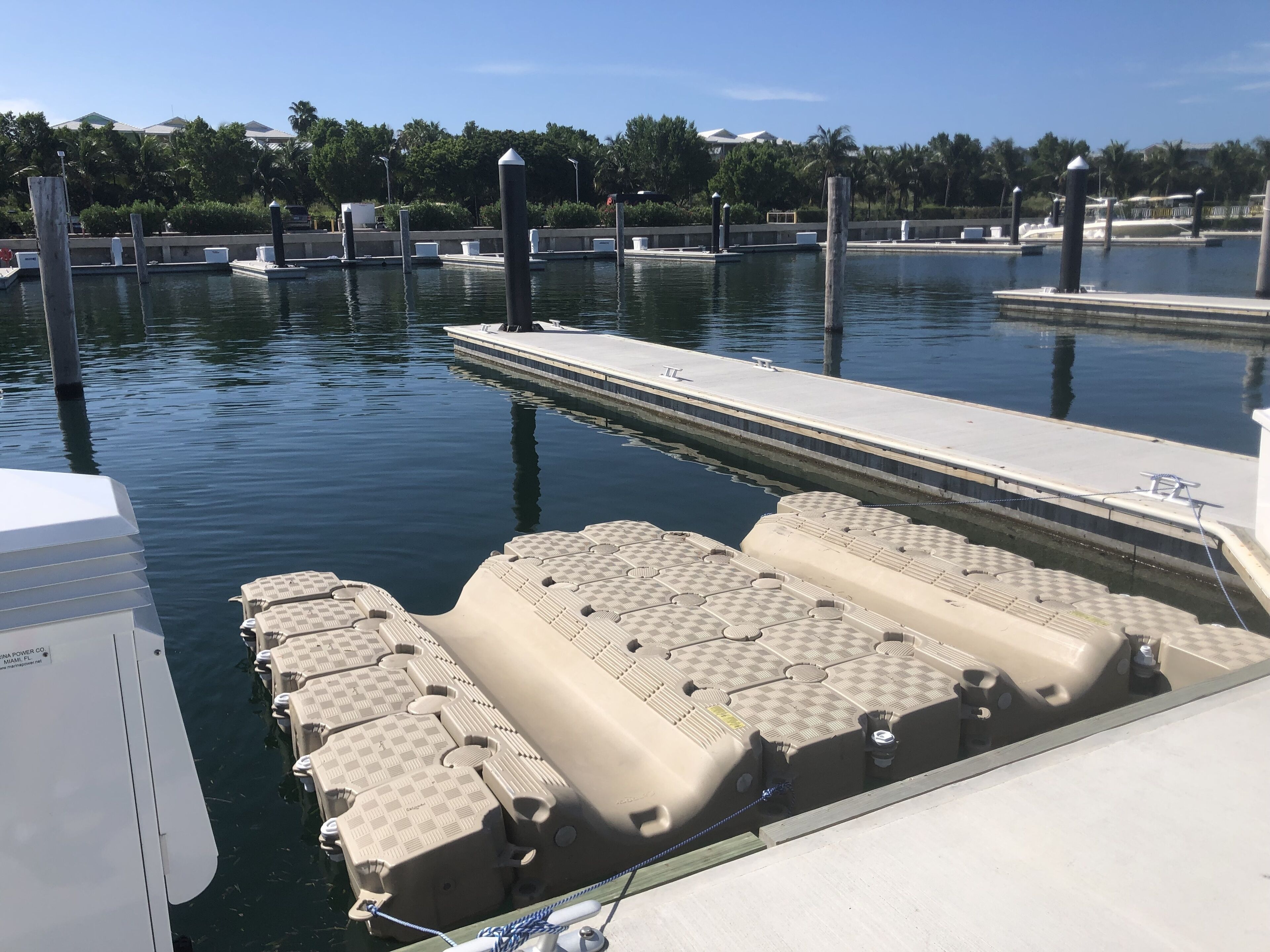 A marina with several boats docked, a concrete dock, and a row of palm trees in the background.