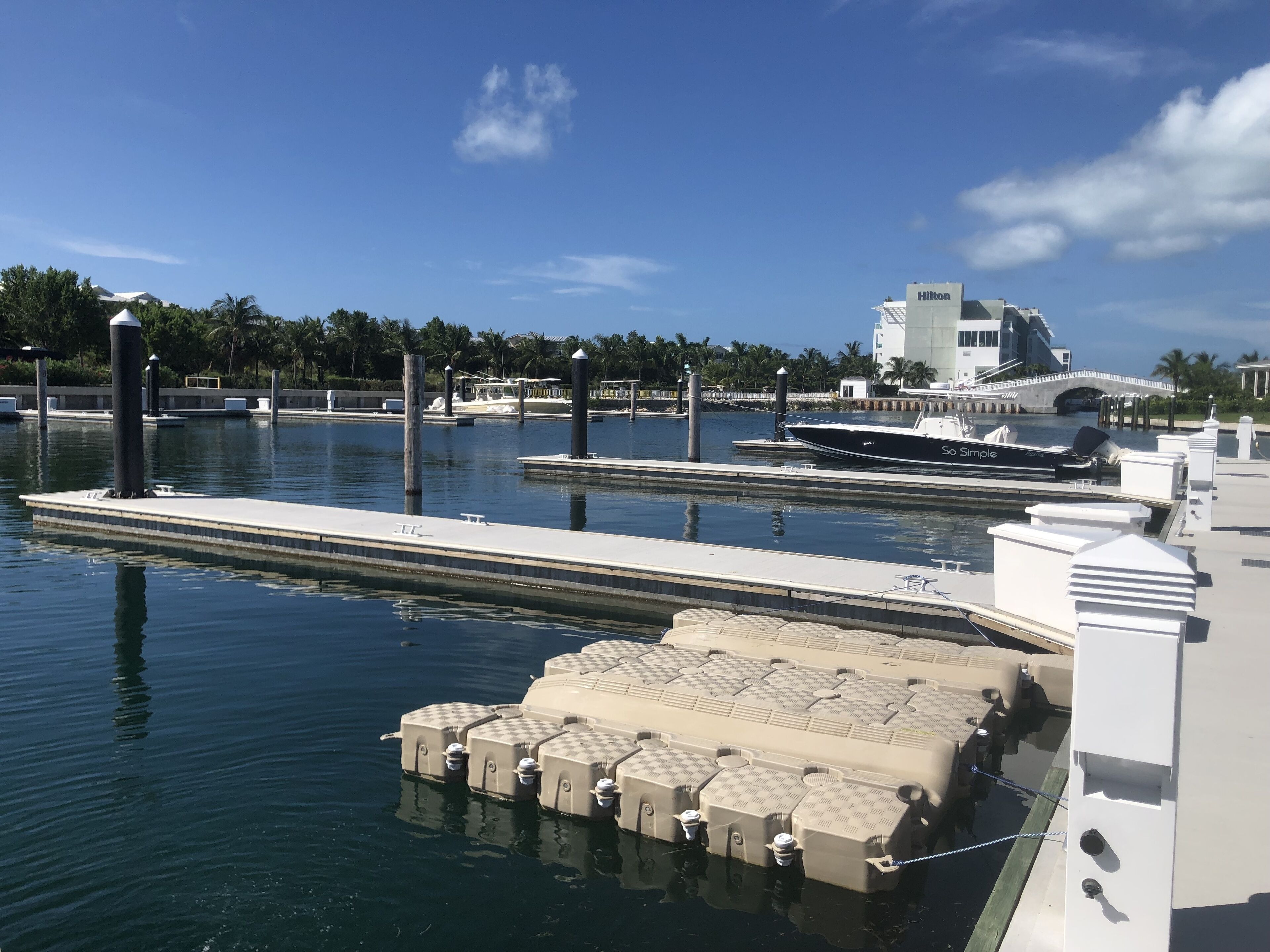 A marina with boats docked, a bridge in the background, and a Hilton hotel nearby.