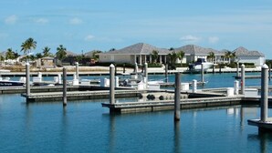 A marina with docked boats, a bridge, and a row of houses with sloped roofs.