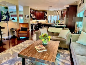 Smart TV, fireplace, books, stereo