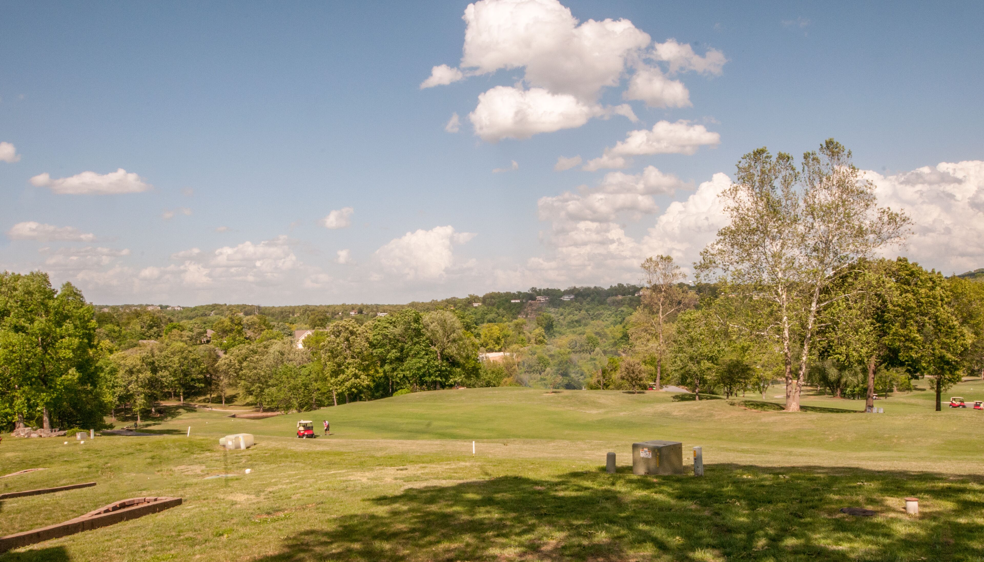 A grassy park with trees, a golf cart, and a distant hill with houses.
