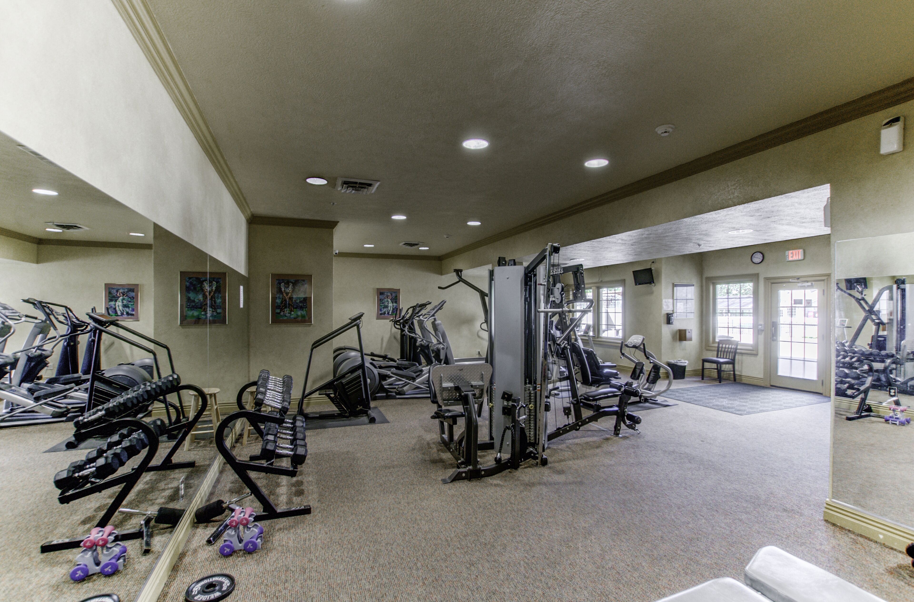 A gym with various exercise equipment, including treadmills, weight machines, and free weights.
