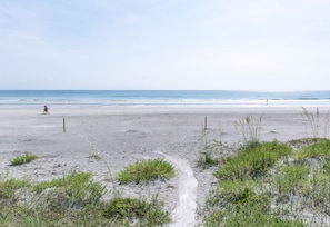 Une plage avec un chemin dégagé menant à l’eau, entourée de végétation.