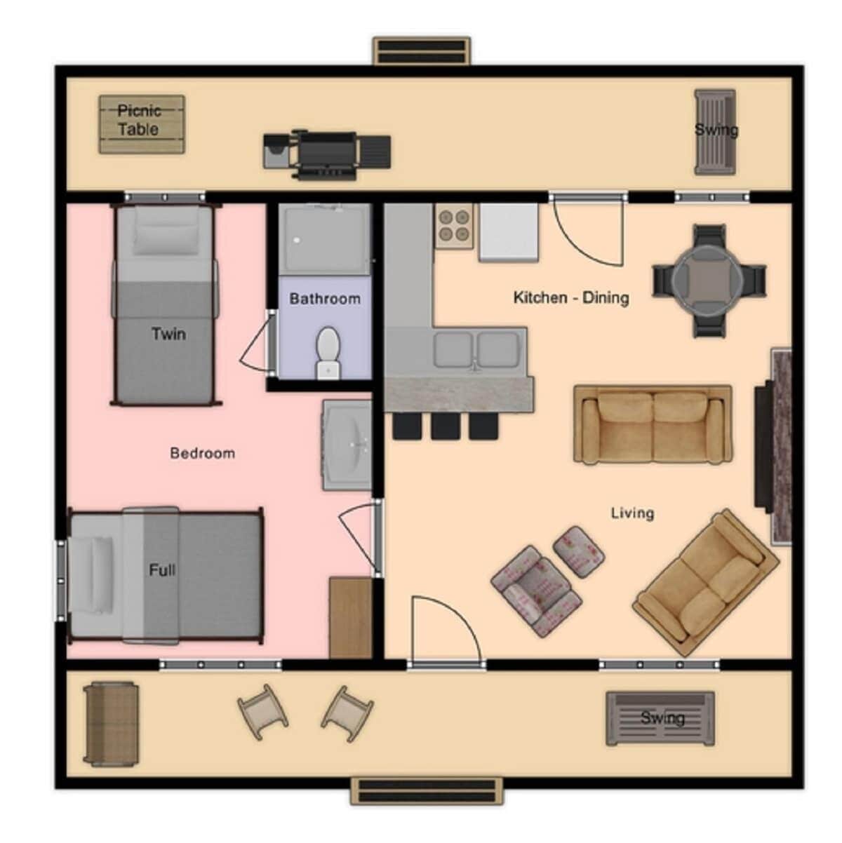 A floor plan with a twin bedroom, a full bedroom, a bathroom, a kitchen-dining area, a living room with a sofa, and a swing.