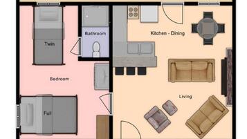 A floor plan with a twin bedroom, a full bedroom, a bathroom, a kitchen-dining area, a living room with a sofa, and a swing.