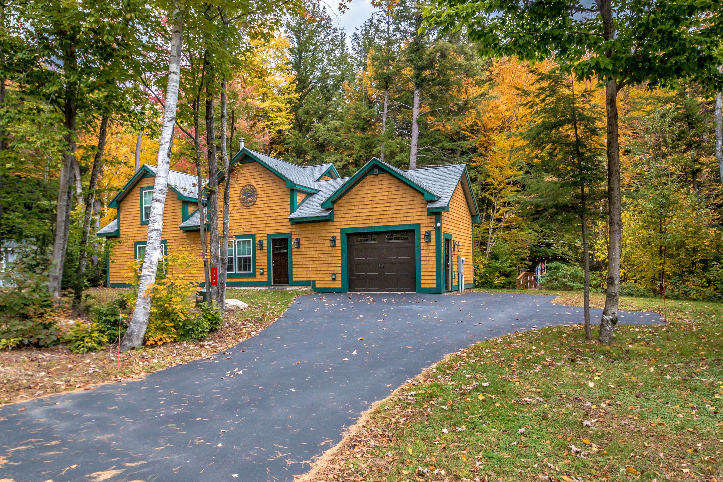 A wooden cabin with a green roof, surrounded by trees and a paved driveway.