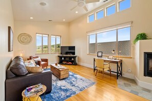TV, fireplace, books