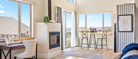 TV, fireplace, books
