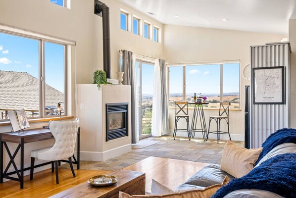 TV, fireplace, books