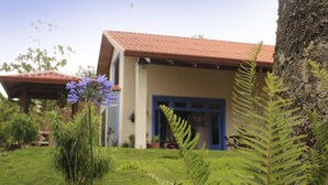 Ein Haus mit rotem Ziegeldach, einer blauen Tür und einem Garten mit verschiedenen Pflanzen und einer einzelnen Blume.
