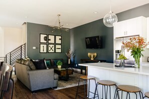 Smart TV, fireplace, books, computer monitors