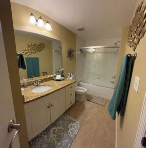 Combined shower/tub, hair dryer, towels, soap