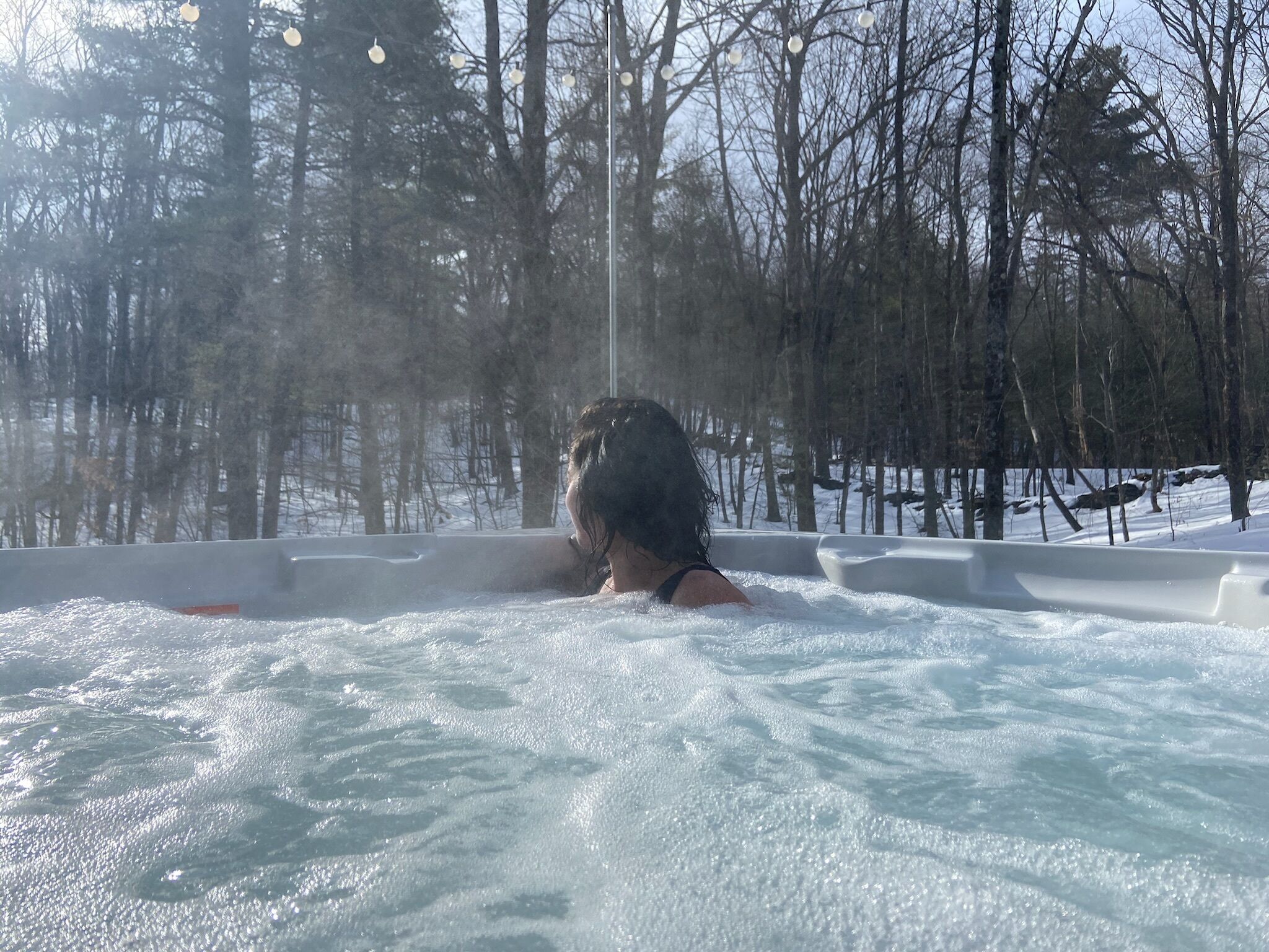 Una persona en un jacuzzi rodeado de nieve y árboles.