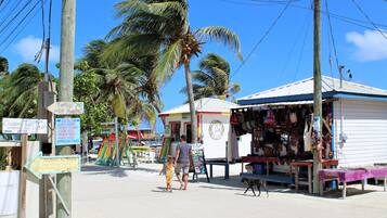 Zona junto a la playa con carteles anunciando una casa de huéspedes, habitaciones privadas y excursiones de snorkel.