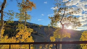 A wooden bench overlooking a scenic landscape with autumn foliage and a clear sky.