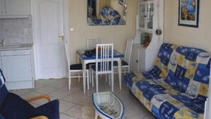 Een woonkamer met een bank, een eettafel met stoelen, en een keuken met kasten.