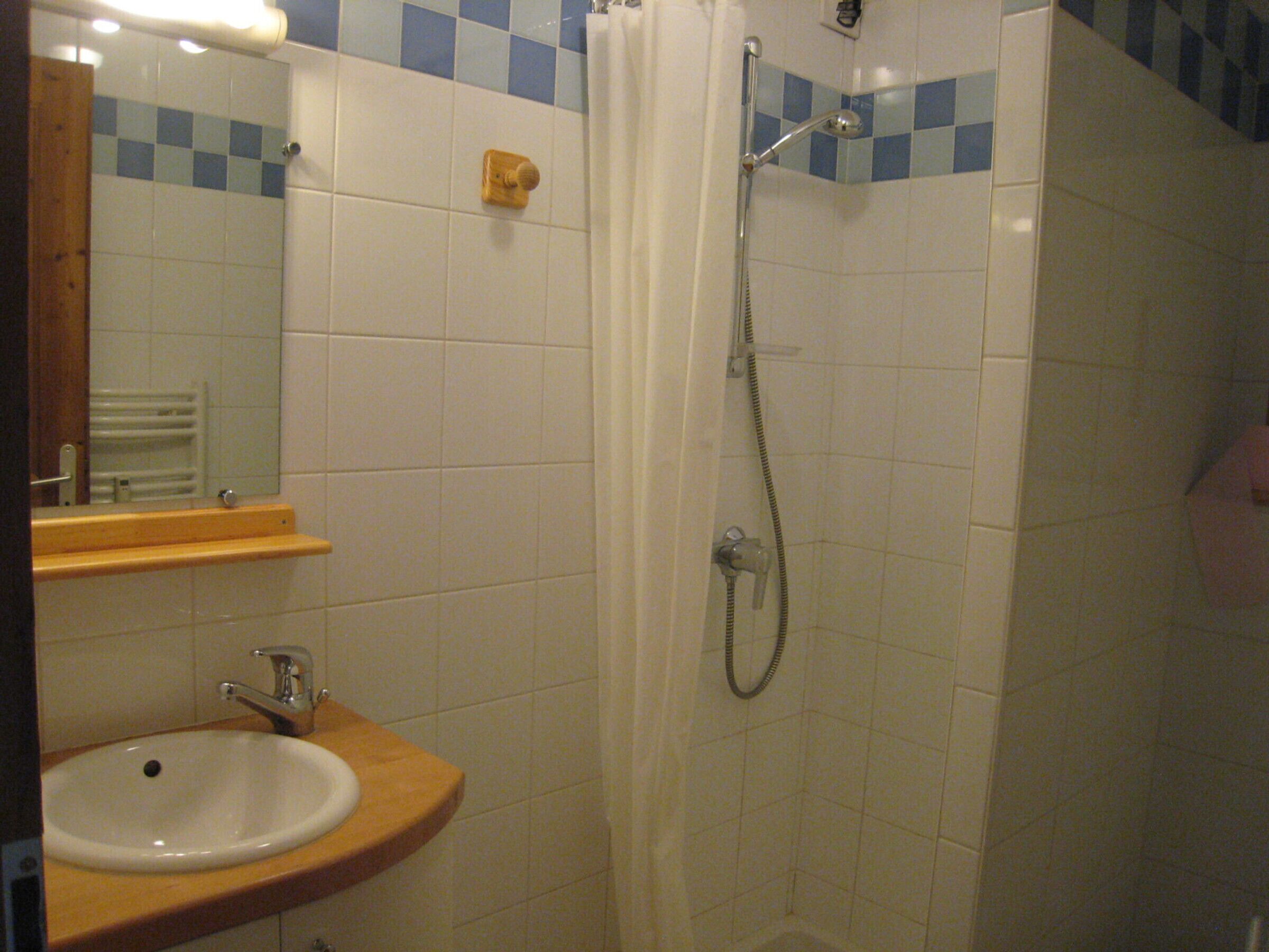 A bathroom with a sink, mirror, and shower.