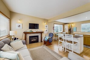 TV, fireplace, DVD player, books