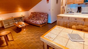 A cozy, compact living space with a kitchenette, a sofa, a dining table, and a small kitchen area. - Cozy 2-Room Apartment with Balcony and Mountain View in La Clusaz (La Clusaz)