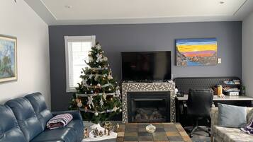 TV, caminetto, lettore DVD, libri