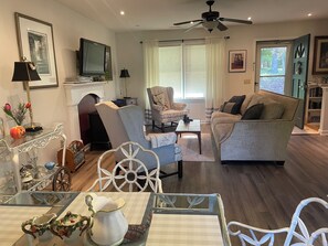 Smart TV, fireplace, DVD player, books