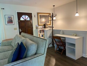 Smart TV, fireplace, DVD player, books