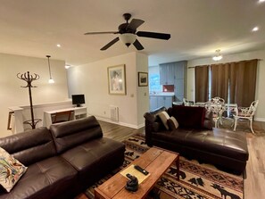 Smart TV, fireplace, DVD player, books
