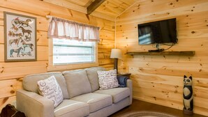 Una habitación de cabaña acogedora con interior de madera, un sofá con cojines estampados, un televisor montado y una ventana con persianas.