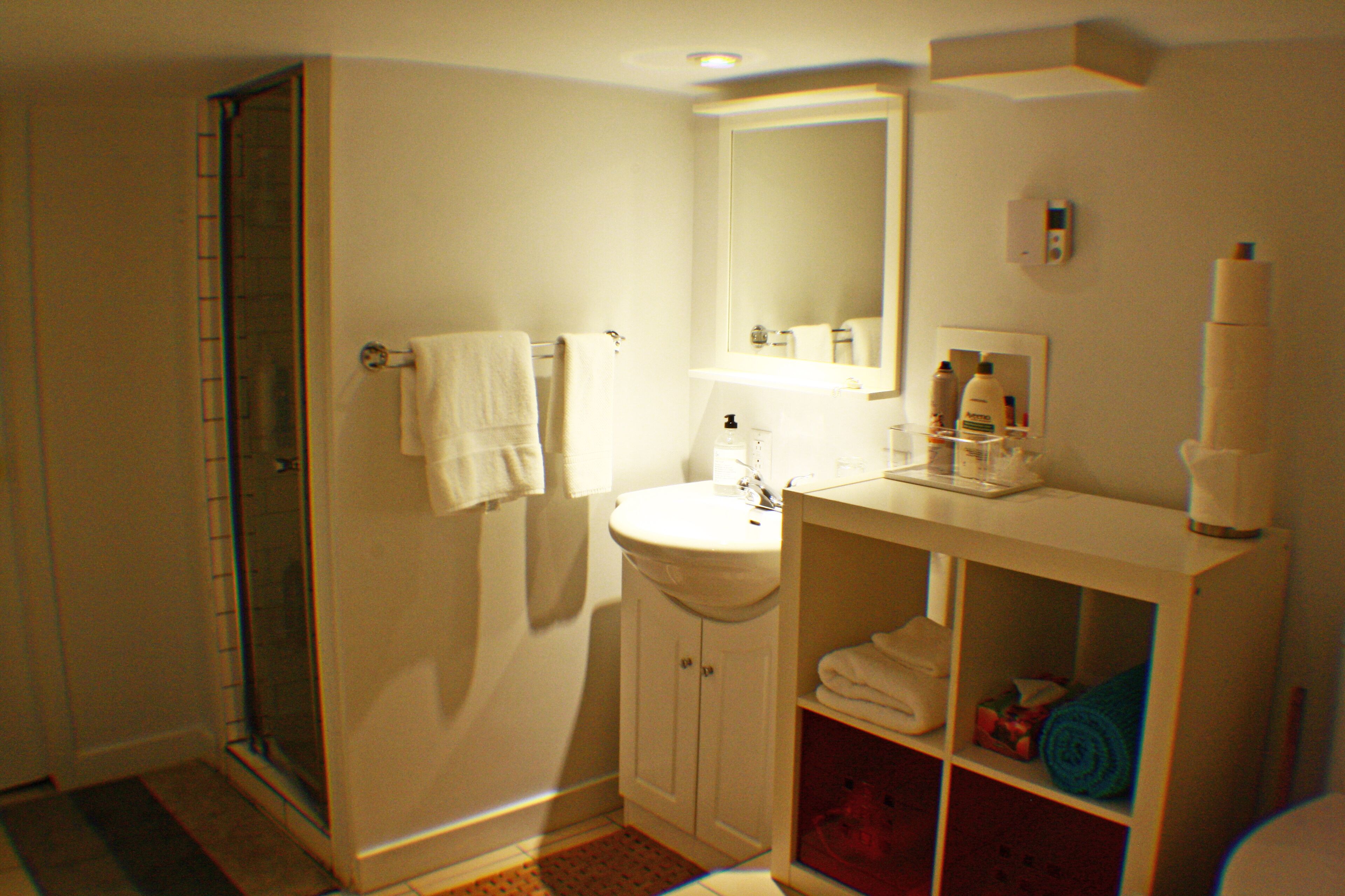 Ein Badezimmer mit Dusche, Waschbecken und Spiegel.