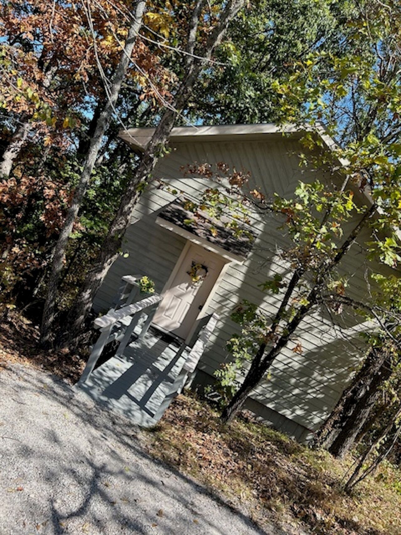 A rustic cabin with a porch, surrounded by trees and foliage.