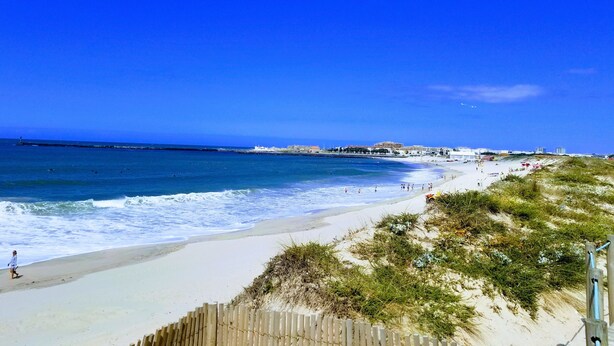 A beach with a wooden fence, sandy shore, and a pier in the distance.
