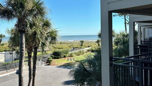 A balcony with a view of the ocean and palm trees. - Seabatical-Beautiful ocean view! w/new bikes & Chairs (Hilton Head Island)