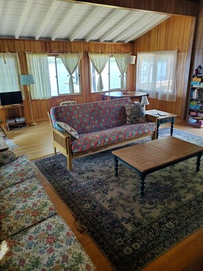 Smart TV, fireplace, books