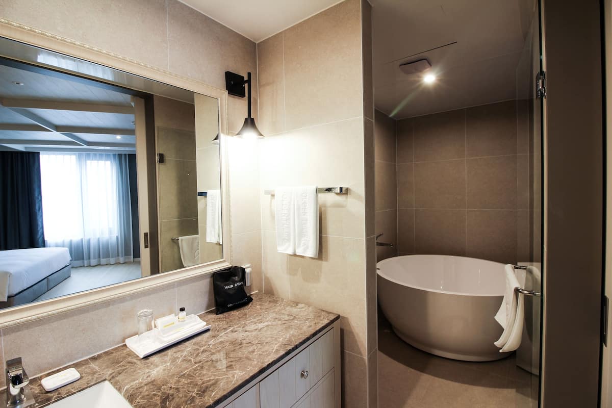 A modern bathroom with a large bathtub, a vanity with a mirror, and a shower area.