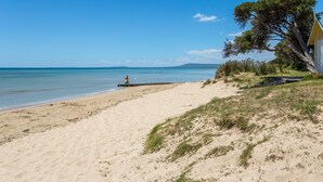 A beach with a wooden pier extending into the water, a grassy area with a tree, and a building with a yellow roof.