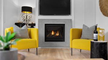 TV, fireplace, video game console