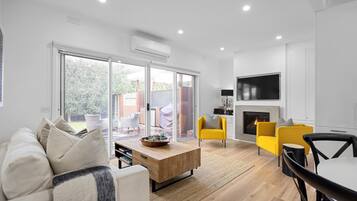 TV, fireplace, video game console