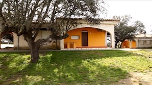 A house with a yellow facade and a brown door, surrounded by a grassy lawn and trees.
