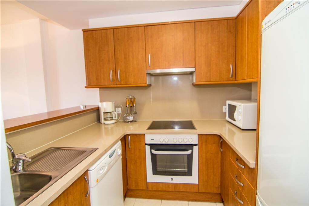 A compact kitchen with wooden cabinets, a built-in oven, a microwave, and a dishwasher.