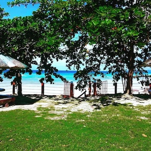 A beach with a tree-lined pathway leading to a beach gate, a small structure with a thatched roof, and a clear view of the ocean.