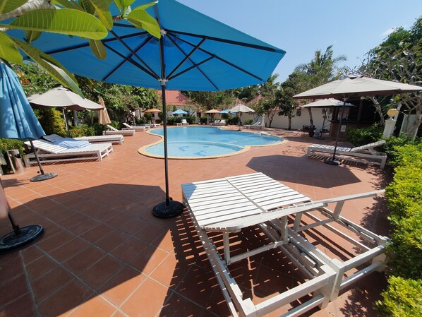 Outdoor pool, pool umbrellas, pool loungers